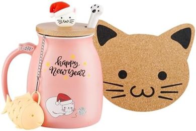 Taza navideña de gato: cerámica, tapa, cuchara, 380ml (rosa).
