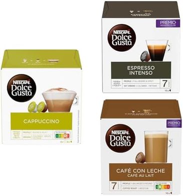 Pack Combinado: NESCAFÉ Dolce Gusto Café con Leche, 16 cápsulas + Espresso Intenso, 16 cápsulas + Capuccino, 16 cápsulas