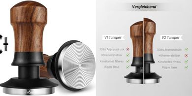 Tamper de café 51mm con resorte, nogal y base acero inoxidable.