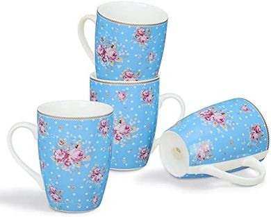 Juego de 4 tazas porcelana floral, azul y blanco (350ml)