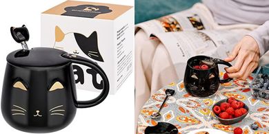 Taza Gato negro Linda taza de café de cerámica con tapa y cuchara kawaii Taza matutina novedosa Tazas de té de leche de café - Animales 3d Tazas de gatos para amantes de los gatos Mujeres Regalos