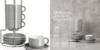 Juego de 4 tazas de café porcelana con platillos y soporte