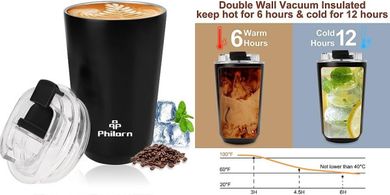 Taza térmica PHILORN: Café para llevar, 380ml, acero inoxidable.