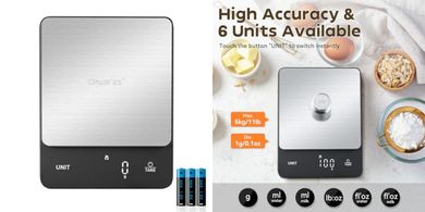 Báscula de cocina digital CHWARES: 5kg/1g, acero inoxidable, impermeable.