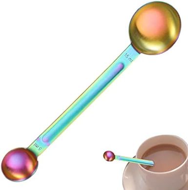 Cuchara medidora de café: doble cabezal, mango largo, acero inoxidable.
