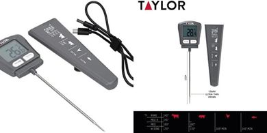 Taylor Pro Instant Read - Termómetro digital recargable USB para carne con 5 años de garantía, color negro, 20,5 x 2,5 x 5,7 cm, 0,1 g